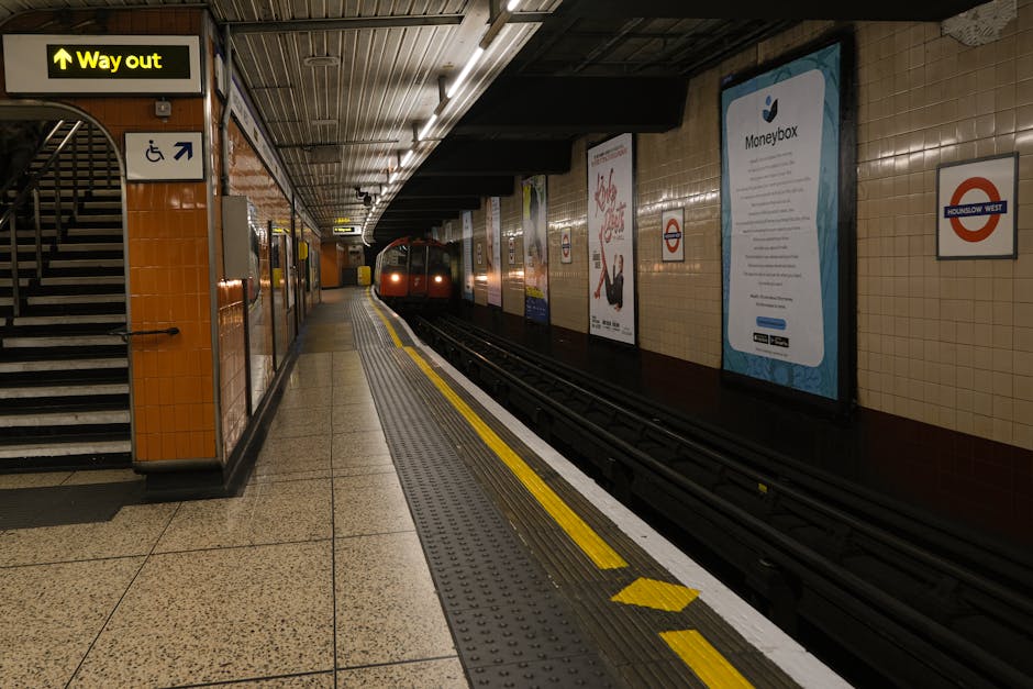 The image depicts an underground station platform with a train arriving in the background. The platform surface is tiled with a textured, speckled pattern, and a yellow tactile paving strip runs along the edge for safety. On the left side, there is a staircase with black metal railings and orange-tiled walls, alongside a sign indicating the way out and accessible facilities. The wall features several advertising posters mounted on a beige tiled surface, with one prominently displaying information about Moneybox. The station is well-lit with ceiling-mounted lighting, creating a clear and neutral atmosphere suitable for public transportation. The environment appears clean and maintained, emphasizing functional design elements typical of urban underground rail stations. This scene could be relevant to independent transport options or facilities where individuals may consider alternative waste disposal or access during their journey, aligning subtly with discussions of enhanced access and station services related to waste management and logistical planning in public transit environments. Rubbish Clearance Dulwich would provide services supporting maintenance and waste removal within such transportation hubs if needed.
